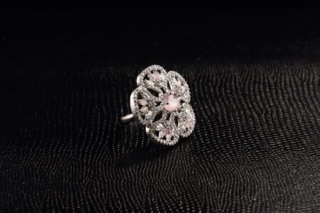 Rose pink crystals on White Gold Floral AD ring