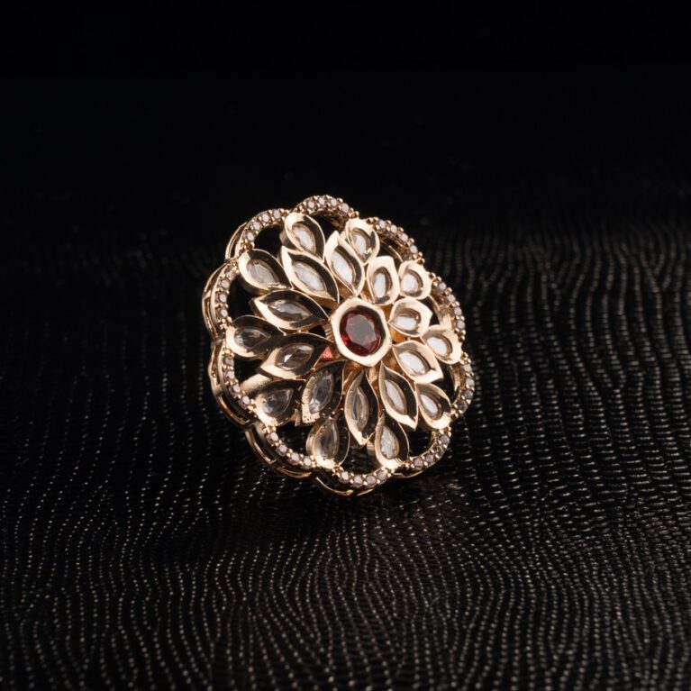 Rose Red Stone on Golden Kundan Ring with AD