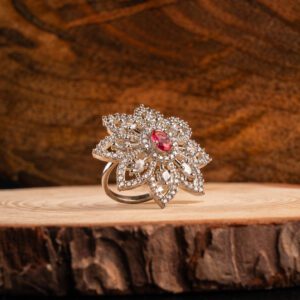Star Flower White Gold AD ring with Wine Stone Embellished