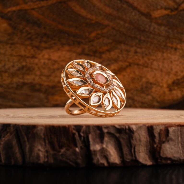Rose Pink Stone on Golden Kundan Ring
