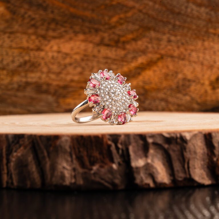 Pink Crystals on AD White Gold Adjustable Ring