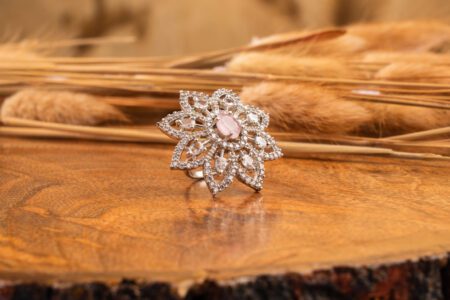 Sparkling AD Ring Flower Design with Baby Pink Stone