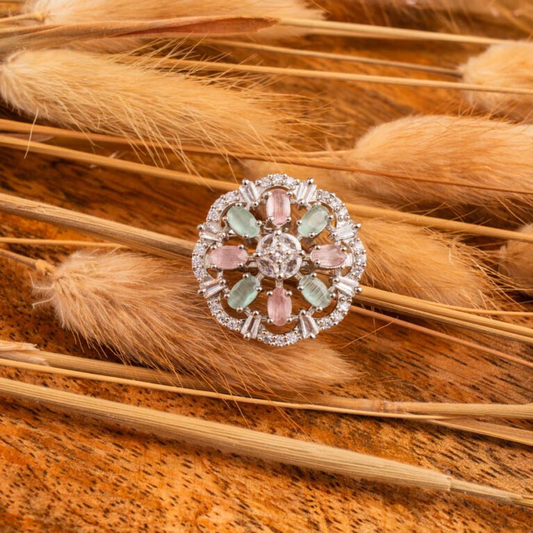 Mint - Pink AD White Gold Adjustable Ring