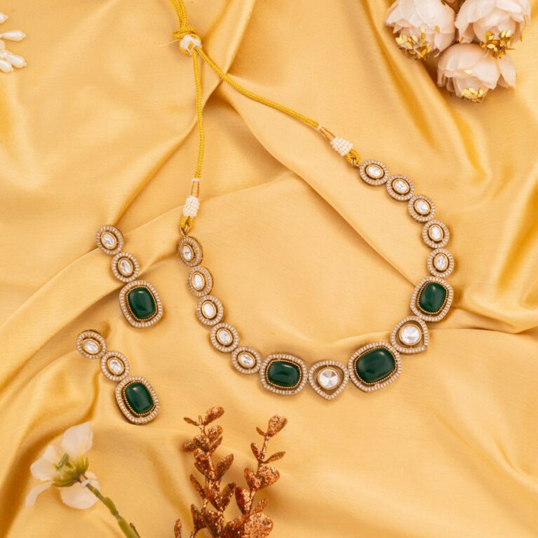 Exquisite Green Moisannite with Kundan on AD and Gold polish