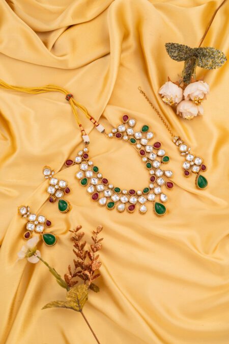 Red and Green Stones incised with Gold Kundan suits all occasions