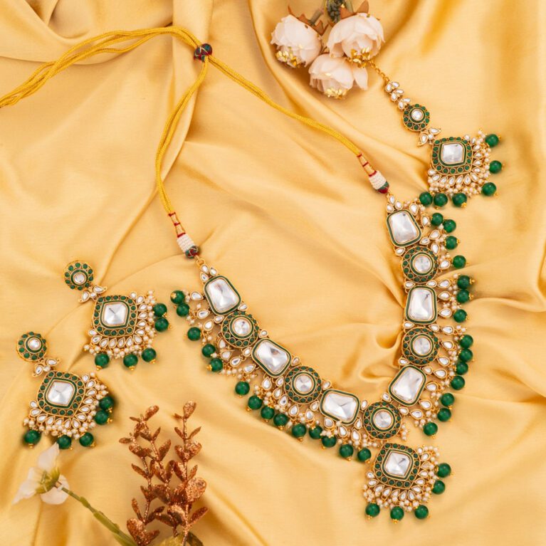 Green Beads with Kundan on Gold base designed for every Ethnic wear