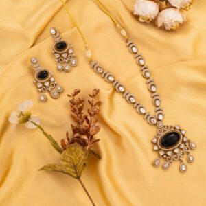 Black Moisannite Stone with Kundan and AD on Gold designed for every occasion