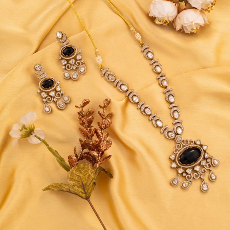 Black Moisannite Stone with Kundan and AD on Gold designed for every occasion