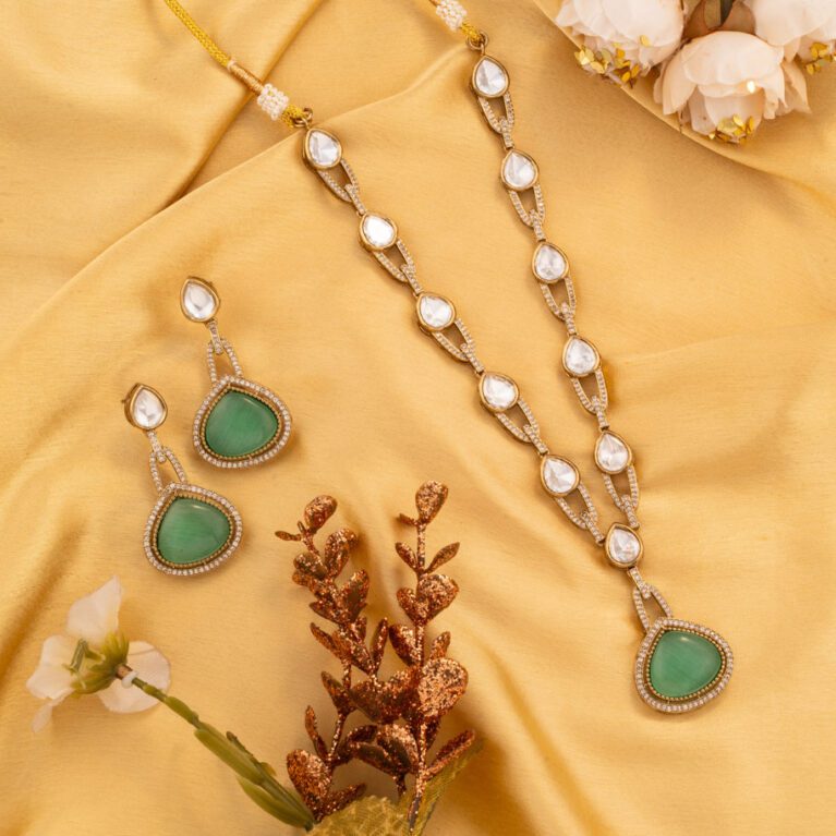 Water Drop Mint Green Moisannite Stone on Kundan set with Golden Base