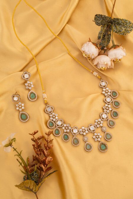Mint Green Moisannite on Kundan with AD embellished on Gold Base
