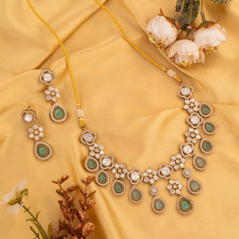 Mint Green Moisannite on Kundan with AD embellished on Gold Base