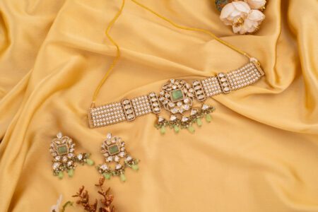 Chokr with Mint Green Stone Embellished with Pearls on Gold Base