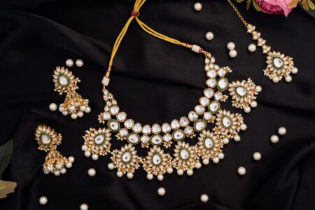 White Kundan and Crystals, Beads set with Jhumki