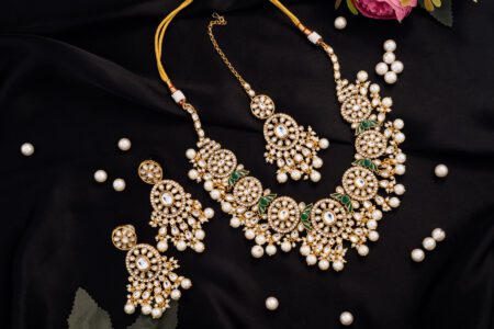 Green Lotus with Pearls and Kundan on Gold Polish Beautifuly crafted