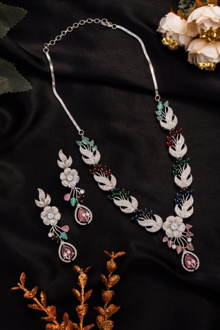 Floral and Leafy concept of AD with Multicolor Designing on Sparkilng White Gold base