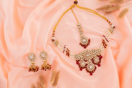 Red & White Beads Chokr Set with Gold Polish