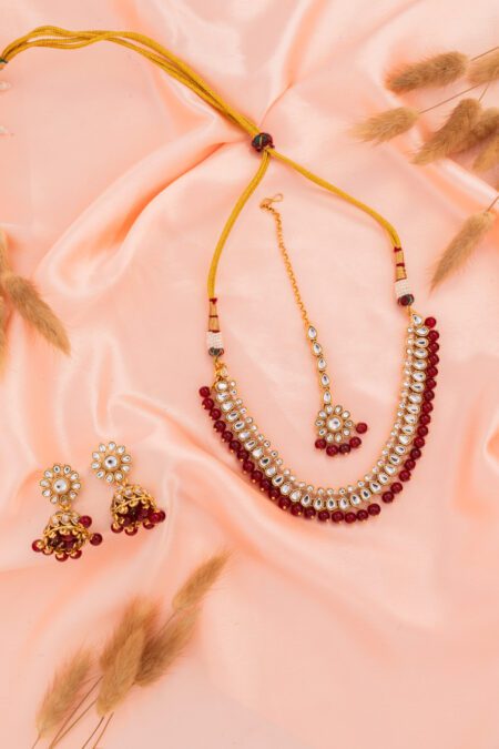 Maroon Kundan and Beads with Gold polish necklace set with Tikka