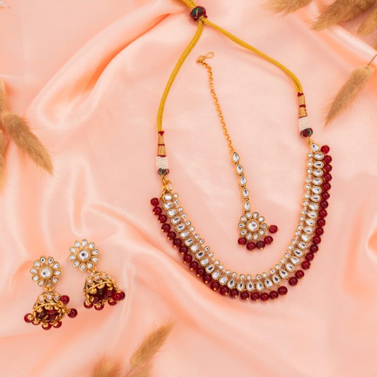 Maroon Kundan and Beads with Gold polish necklace set with Tikka