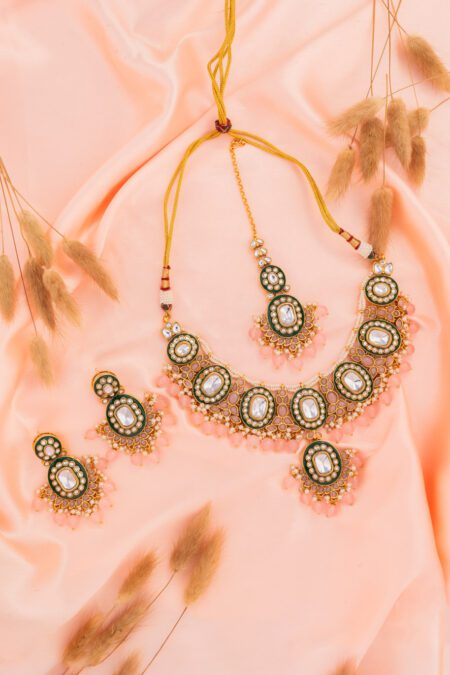 Pink-White Kundan and Beads on Golden Base Necklace