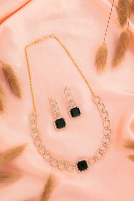 Green Square Crystal with AD on Square shaped Gold Necklace set