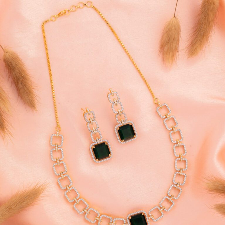 Green Square Crystal with AD on Square shaped Gold Necklace set