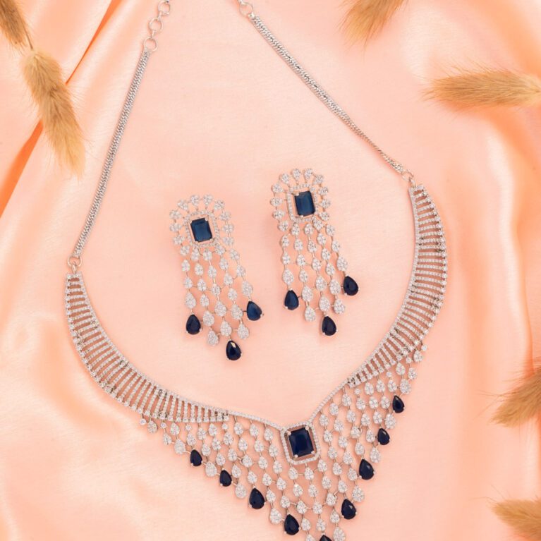 Royal Blue Crystals on AD set with White Gold Base Chokr style