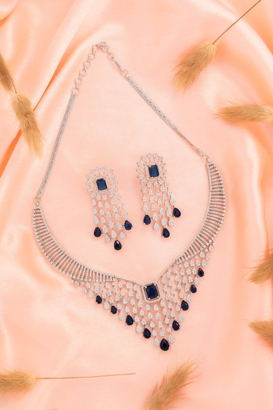 Royal Blue Crystals on AD set with White Gold Base Chokr style