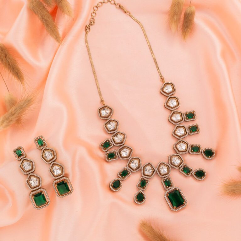 Green Square Solitaire AD, Kundan Set with Gold polish gives a Royal look