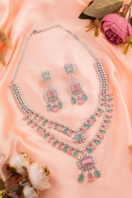 Mint and Pink White Gold Double Chain Necklace set