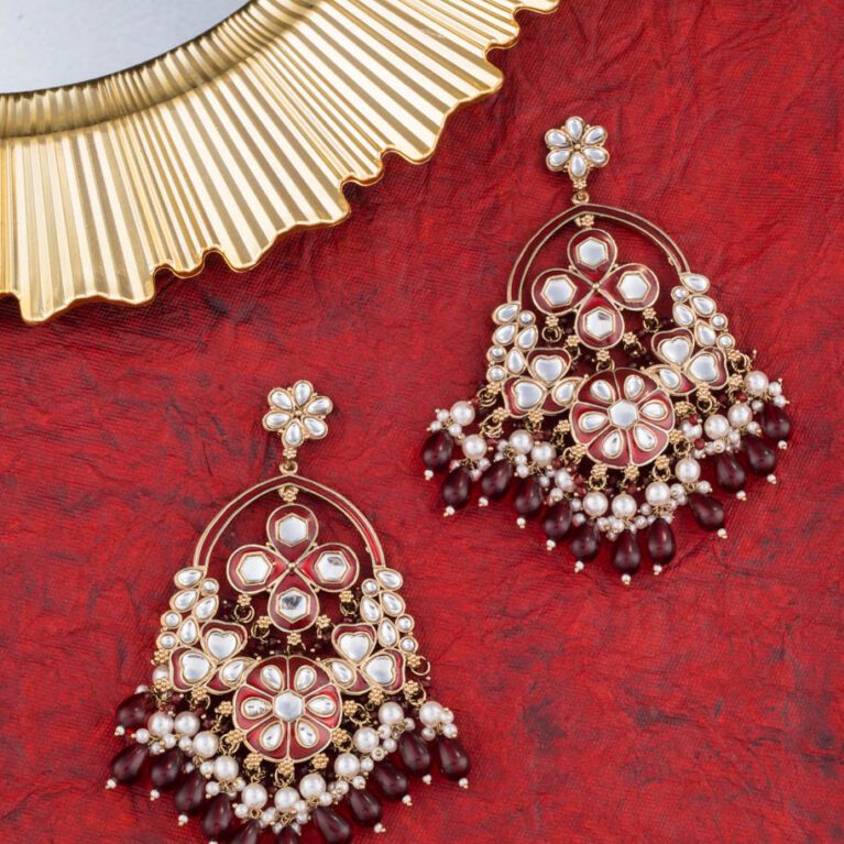 Ethnic Maroon Beads with Pearls Earings set