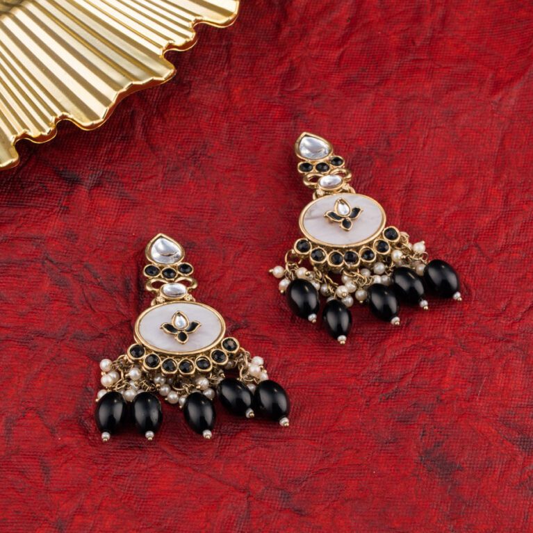 Engraved White Stone with Colorful Beads and Pearls Earrings Set