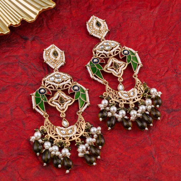 Green Meena and Hanging Beads work on Gold base