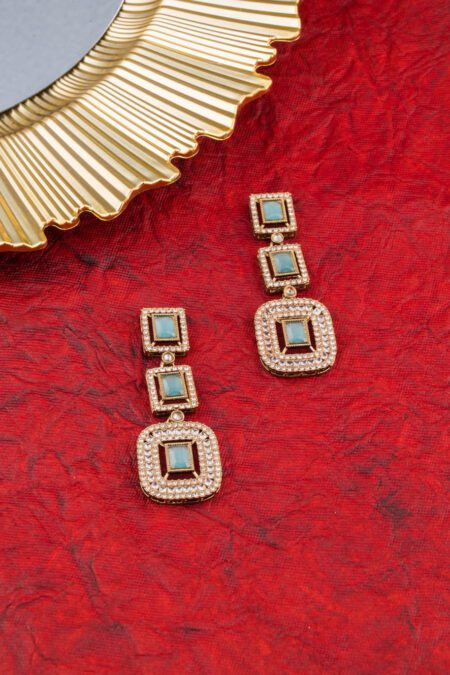 Aqua Crystals with AD and Square Gold Base Earrings Set