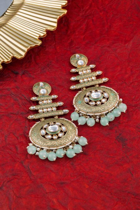 Aqua Blue Beads with Kundan Antique Golden Base Earings set