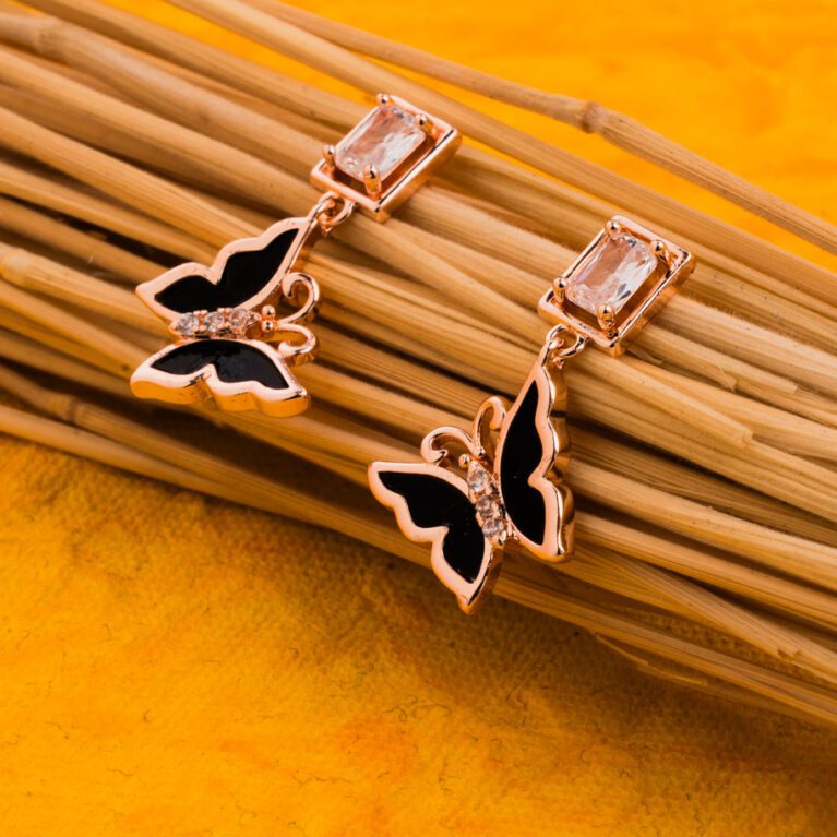 Hanging Butterfly from Sqaure AD Rosegold Earings
