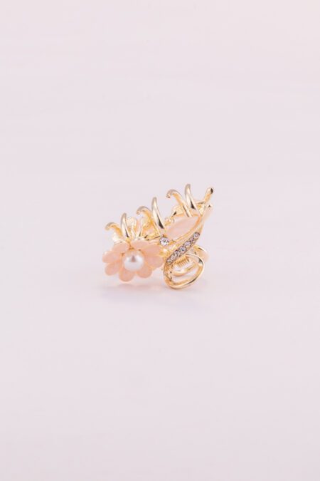 Pink Colored Pearl Flower embedded Golden Clutcher