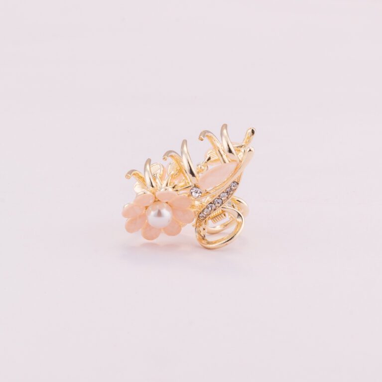 Pink Colored Pearl Flower embedded Golden Clutcher