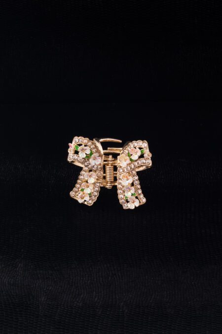 Bow design Flower embedded Clutcher Golden