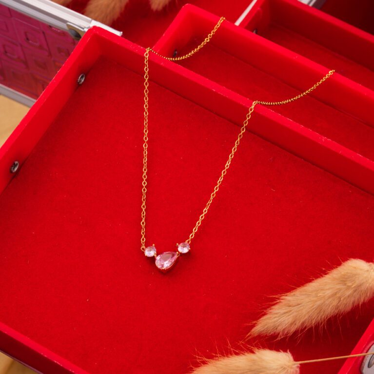 Sparkling Pink Crystals Pendant with Gold Chain