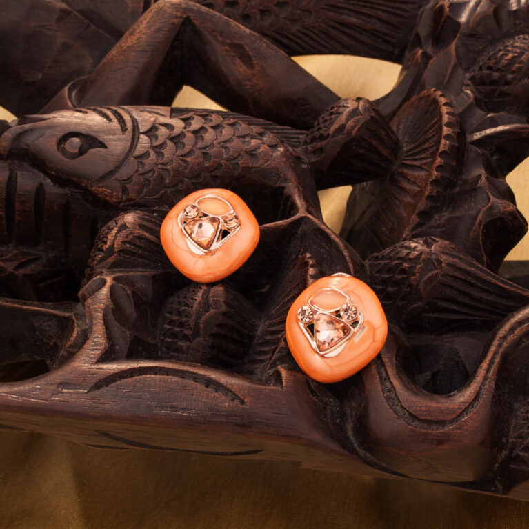 Pearl & Crystal Studded on Orange `Earings with Minimal Design