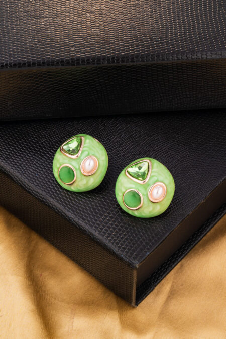 Pearl & Crystals Studded on  Green-Gold Earings with Minimal Design
